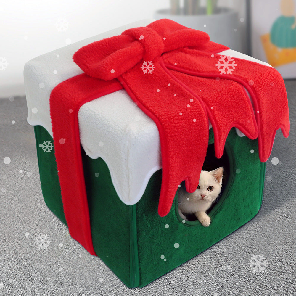 New Detachable Christmas Gift Box Shape Cat Litter Autumn And Winter Warm Detachable And Washable Plush Large Space Cotton Nest