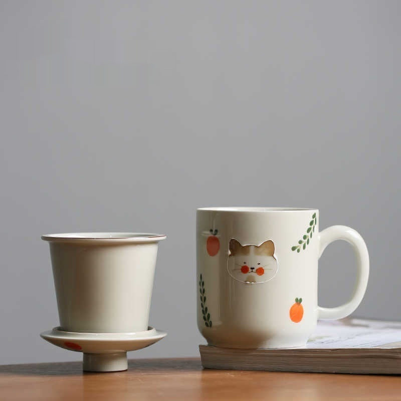 Hand Painted Cat Tea Water Separation Ceramic Cup