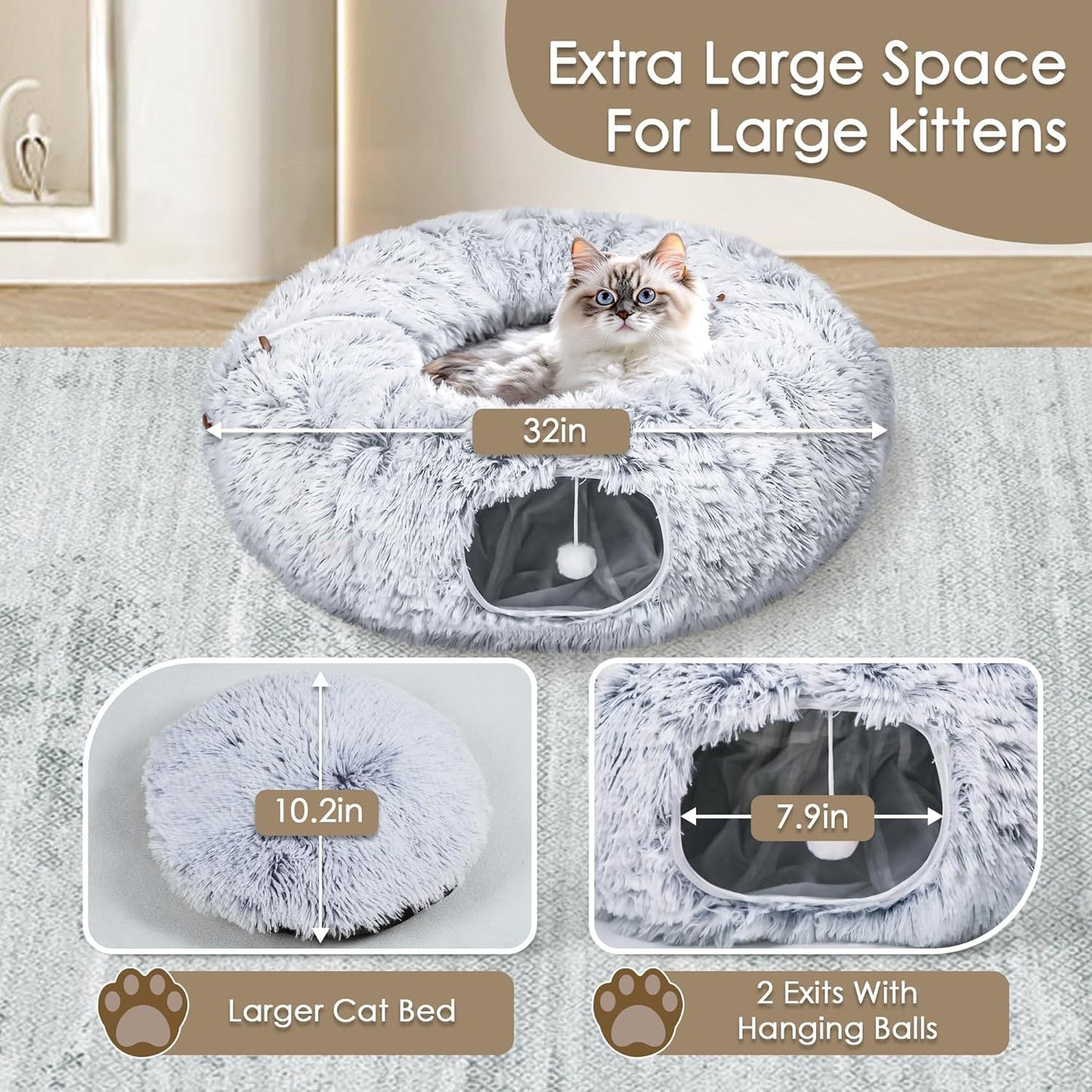 Cat Tunnel Bed For Indoor Cats Peekaboo Cat Cave With Washable Soft Play Mat Furry Cat Tube For Kitten Puppy Rabbit Grey