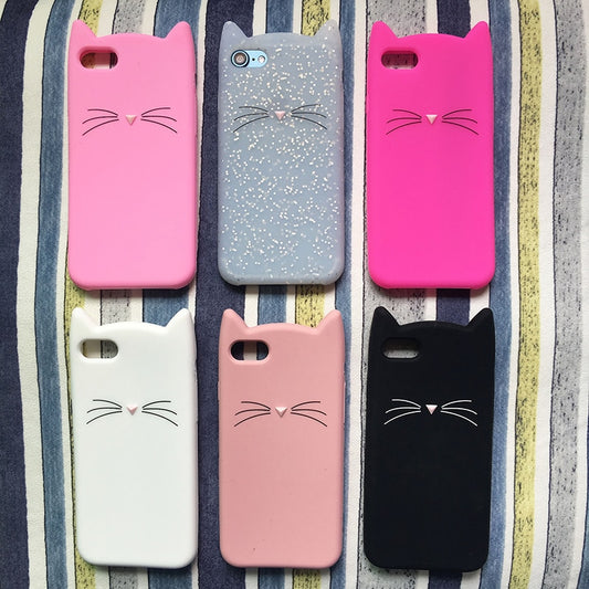 Cute 3D Silicone Cartoon Cat Pink Black Soft Phone Case Cover Coque Fundas For iPhone 7 7Plus 6 6S 5S SE X XS Max