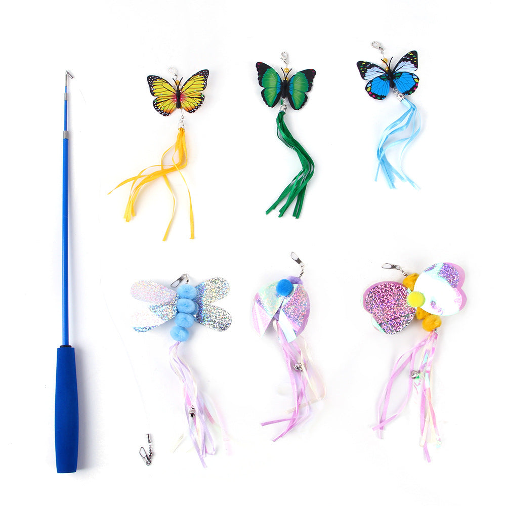 7 Pcs Cat Toy Set Fishing Rod Teasing Cat Stick Various Butterfly Dragonfly Toy Sets