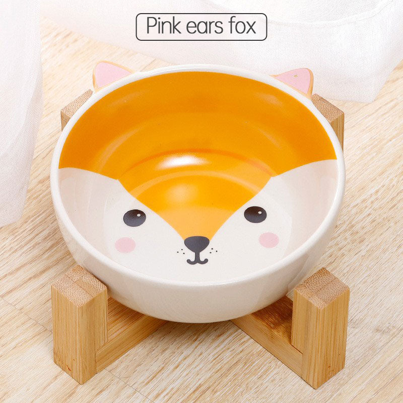 Double Ear Cartoon Ceramic Pet Bowl Bamboo Wooden Frame Matching Neck Bowl Dog Bowl Ceramic Cat Bowl