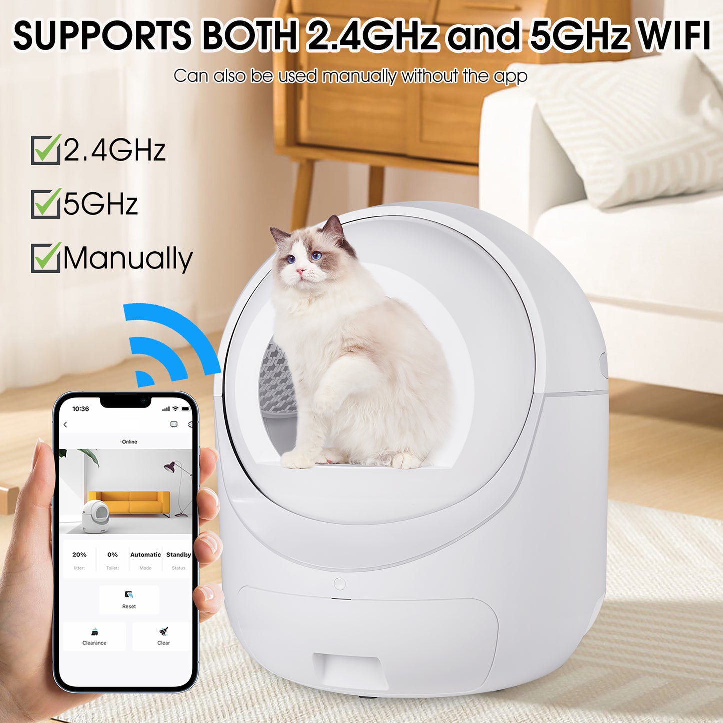 Intelligent cat litter box, automatically eliminates odors, application control, supports multiple cats with 5G and 2.4G WiFi