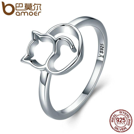 BAMOER 925 Sterling Silver Naughty Little Cat & Heart Finger Ring SCR104