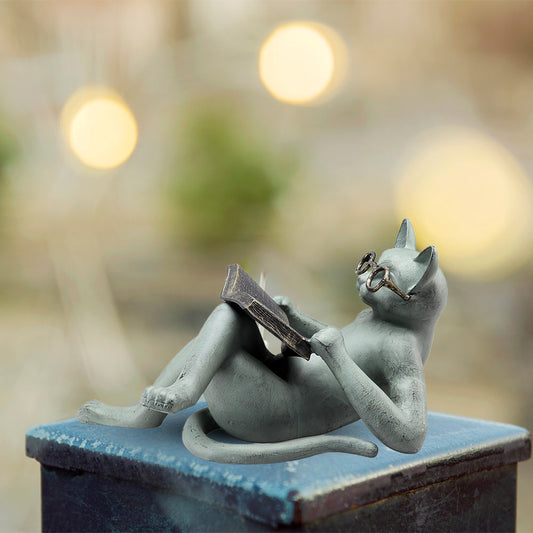 Garden Resin Craft Sculpture Literature Cat Reading Book