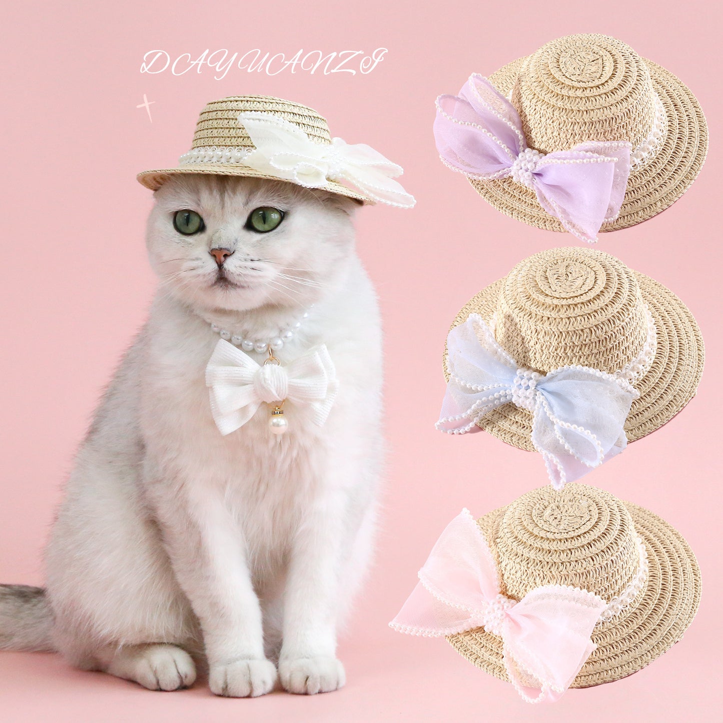 Pet Cat Lady Straw Hat Pearl Bow Woven