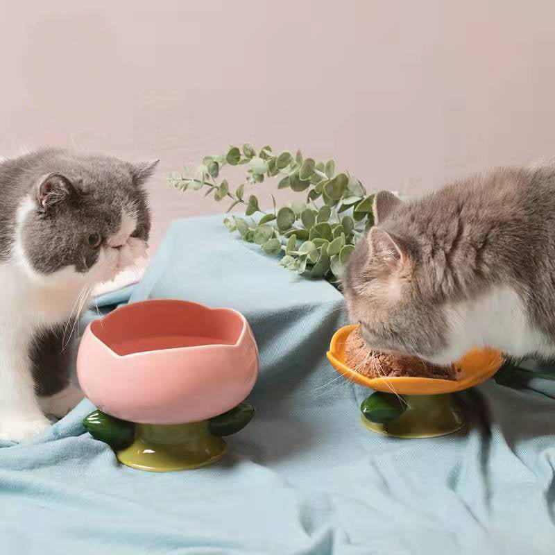 Cat Bowl Pet Flower Ceramic High Foot Food Bowl