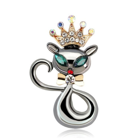 Lively Pride Cat Brooch for Party Shell Metal Crown Blue Crystal Enamel Pin Black Animal Brooch for Women Jewelry Accessories