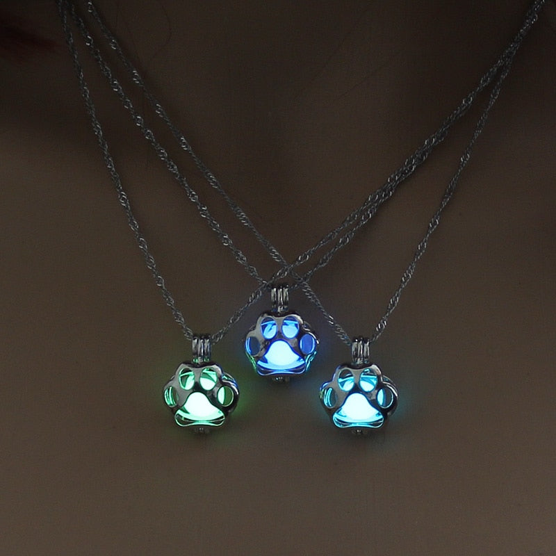 Glow In The Dark Necklace Metal Pet Cat Necklaces For Woman Animal Dog Paw Necklace Hollow Pendant Night luminous Light