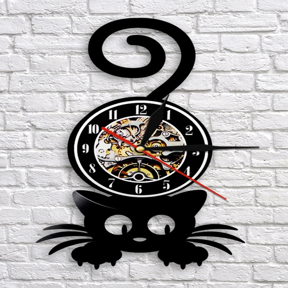 Cat vinyl record living room retro wall clock