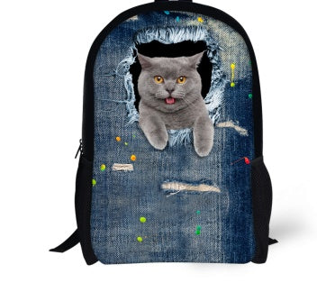 FORUDESIGNS Cat Backpack Cute 3D Animal Denim Backpacks for Children Boys Girls Casual Kids School Bag Mochila Travel Backpack