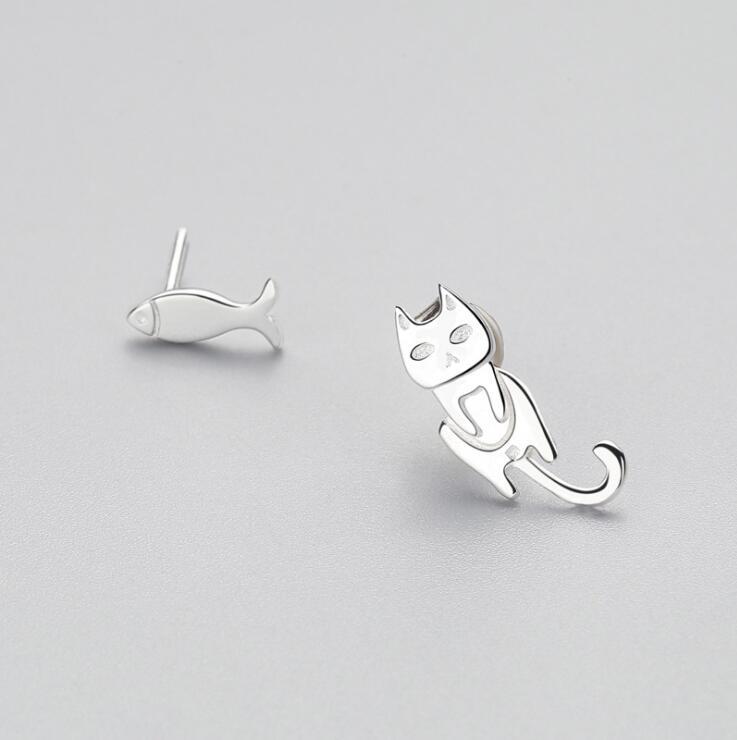 Fashion Asymmetry 925 Sterling Silver Stud Earrings Animal Fish Cat Stud Earrings for Women Personality Jewelry Gifts