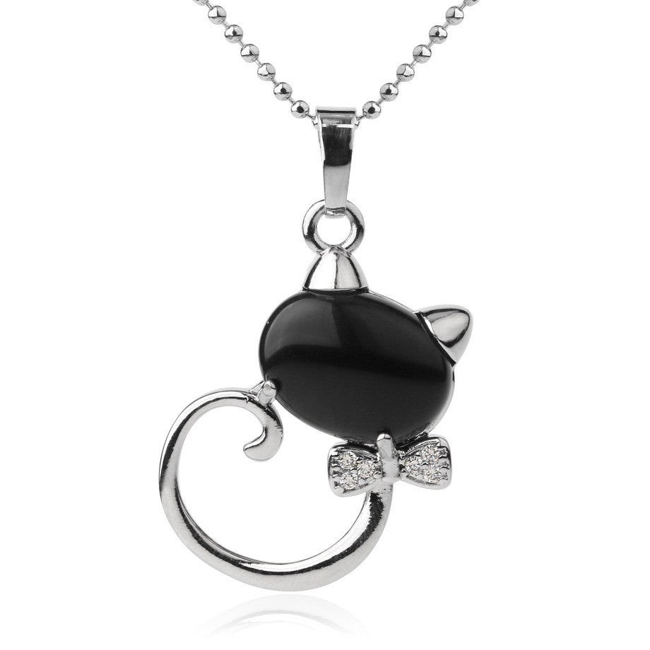 CSJA Animal Pendant Necklaces Natural Stone Cat Head Bow-knot Zircon CZ Silver Color Pendants Trendy Jewelry for Women Girl G538