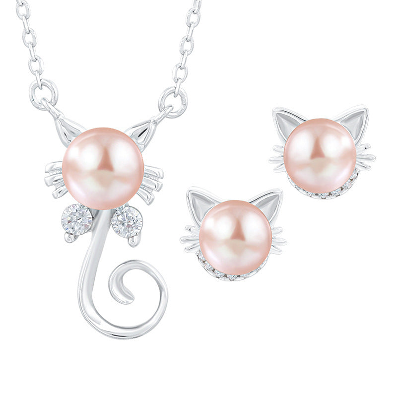 Wholesale Women Freshwater Cat Pendant 925 Sterling Silver Necklace And Earing Pearl Jewelry Sets