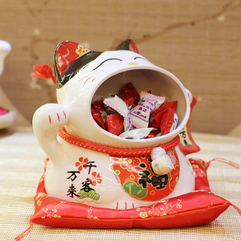 Ceramic Candy Jar Lucky Cat Ornaments, Big Mouth