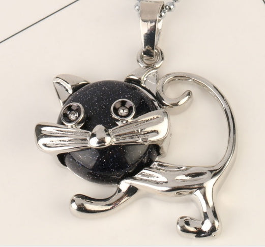 European and American jewelry natural crystal pendants cat necklace ladies cute simple stone alloy necklace