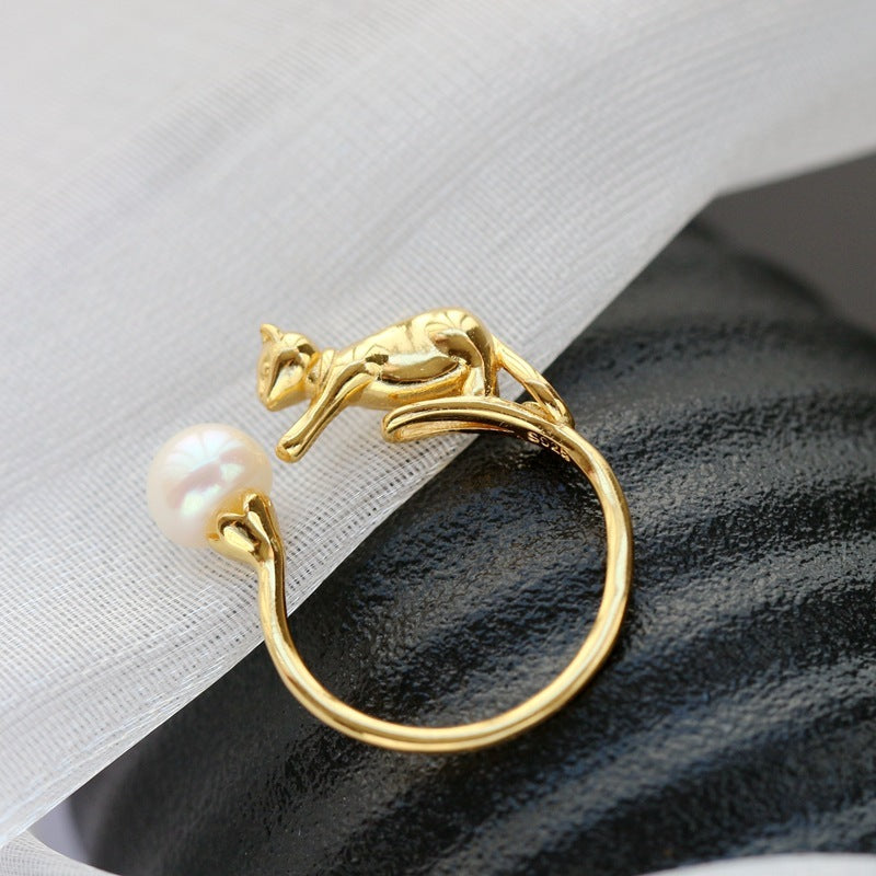 Nafu Court Silver Jewelry Wholesale Fashion Lovely Cat Silver Ring Set With Natural Freshwater Pearl 925 Sterling Silver Ring