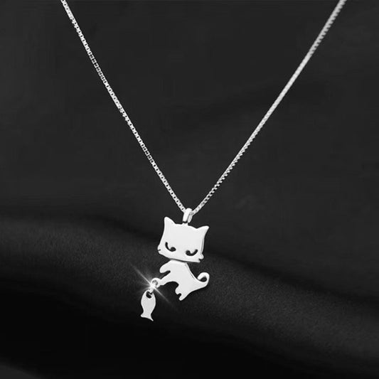 Cat Fishing Pendant Necklace Clavicle Chain Jewelry