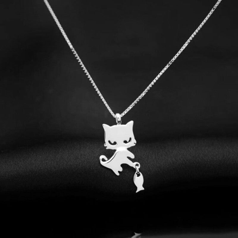 Cat Fishing Pendant Necklace Clavicle Chain Jewelry