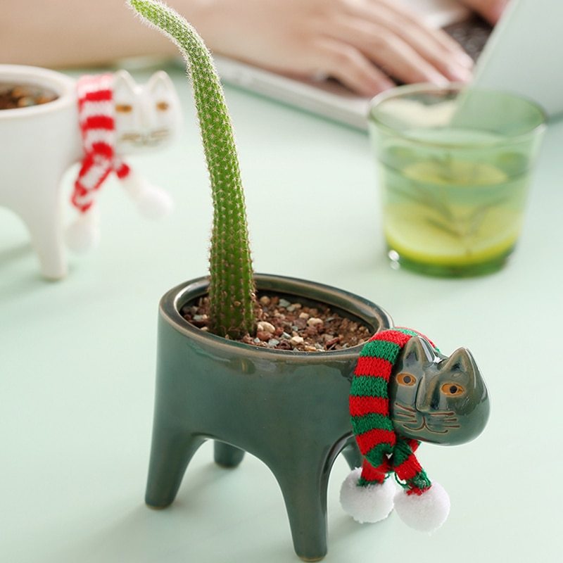 Desktop Cute Ceramic Cat Cactus Flower Pot