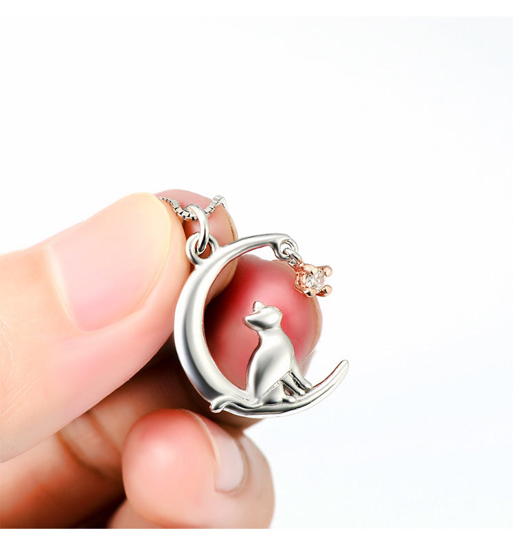 S925 Sterling Silver Jewelry Moon Cat Pendant Necklace Micro Inlay