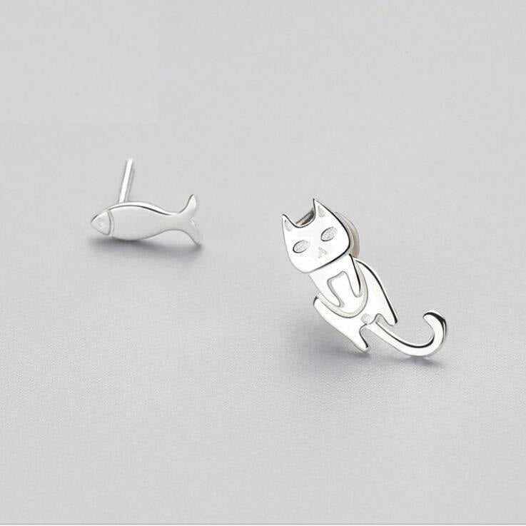 Fashion Asymmetry 925 Sterling Silver Stud Earrings Animal Fish Cat Stud Earrings for Women Personality Jewelry Gifts