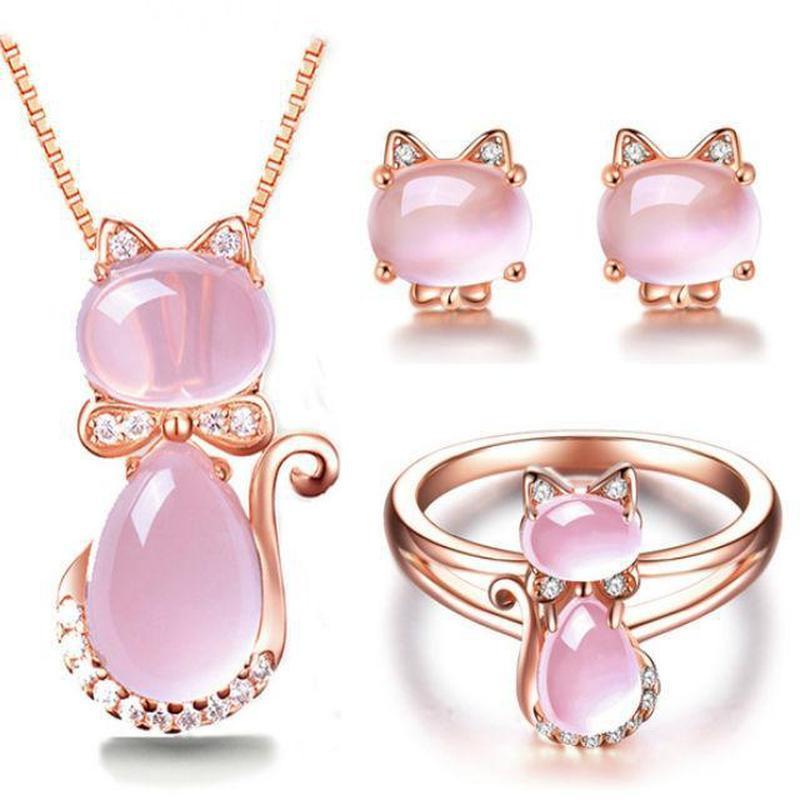 Cat Jewelry Set in Rose Gold Plate & Quartz Crystal Rhinestone