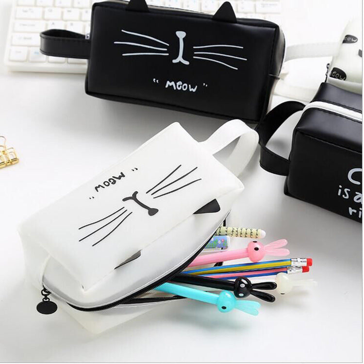 Boy and girl cat pencil bag Student large capacity cat head stationery storage bag Simple silicone pen case