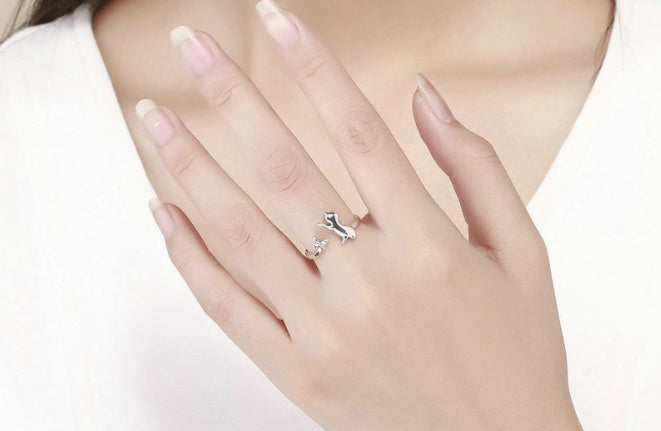 Wish Hot Sale Ring S925 Silver Sterling Silver Ladies Cute Cat Korean Fashion Earrings Ring Jewelry Set