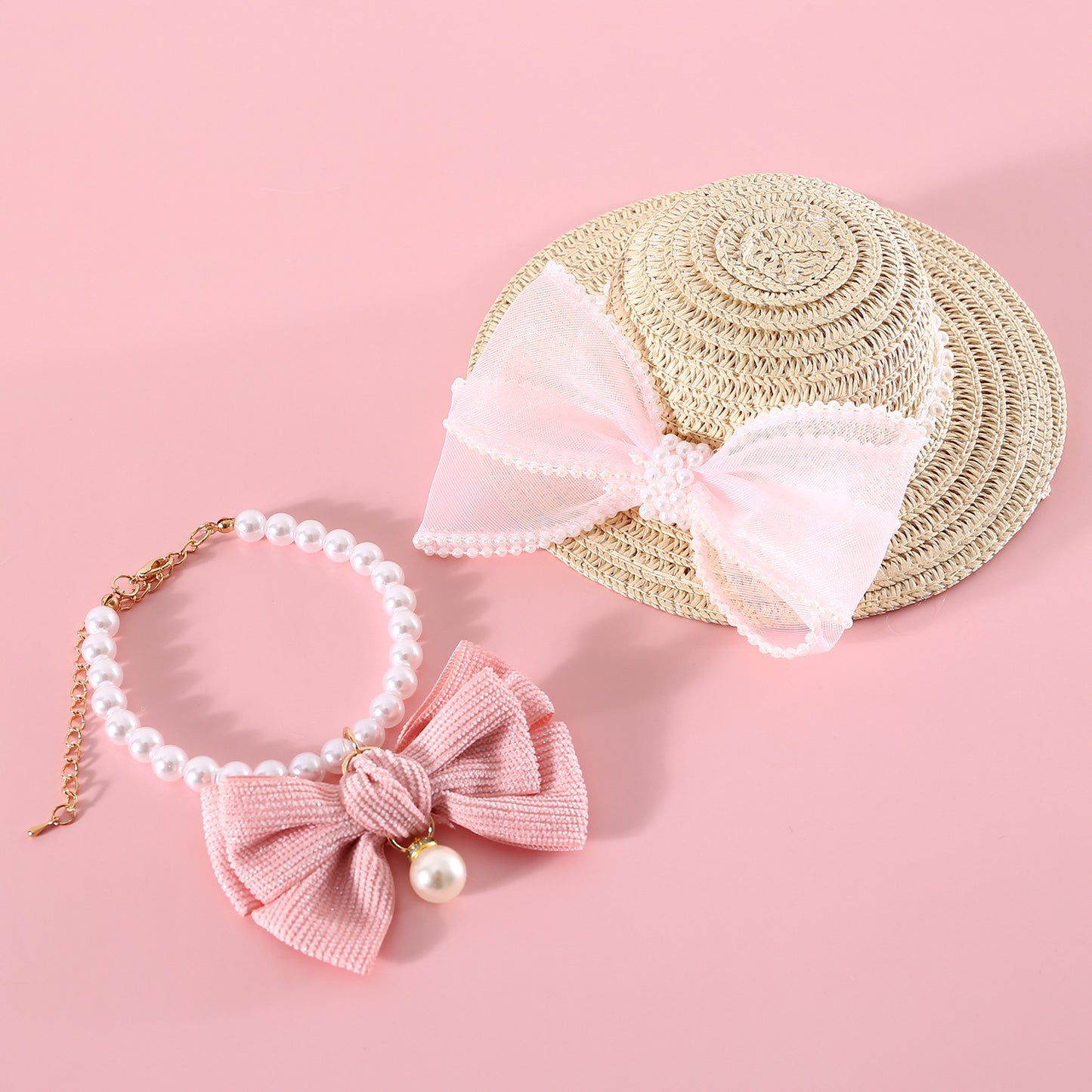 Pet Cat Lady Straw Hat Pearl Bow Woven