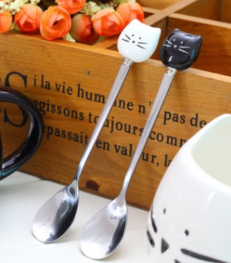 Black and white cat stainless steel spoon cartoon cat porcelain handle spoon