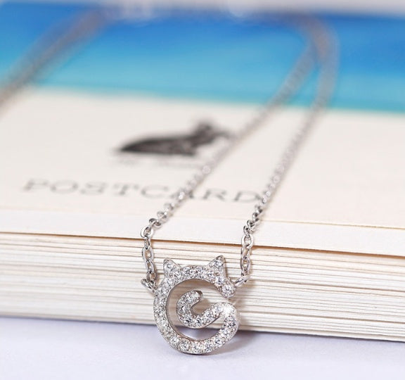 S925 sterling silver cute cat necklace Korean fashion silver jewelry three-piece