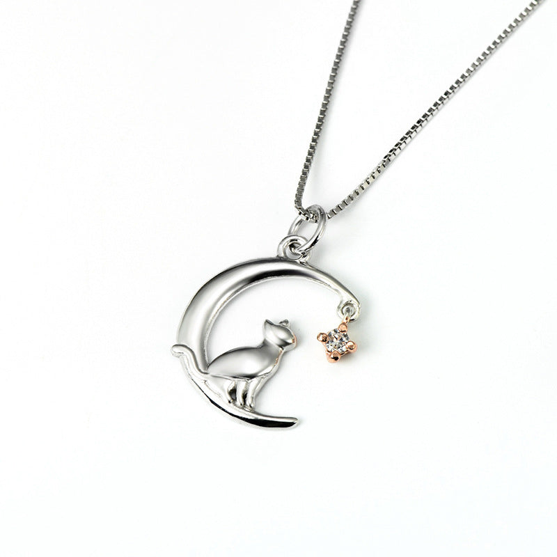 S925 Sterling Silver Jewelry Moon Cat Pendant Necklace Micro Inlay