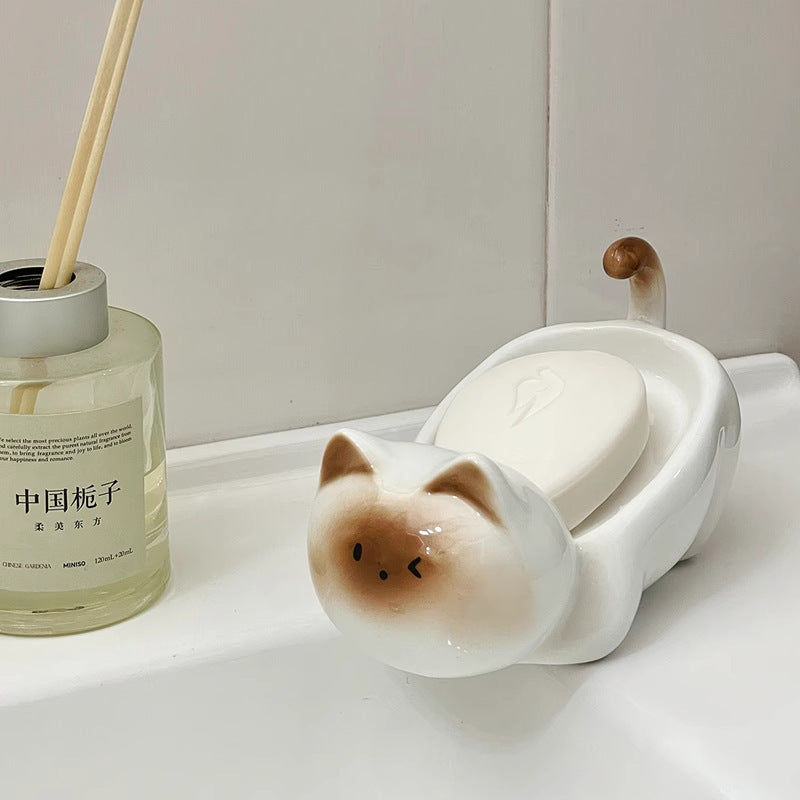 Cat Ceramic Soap Dish Water Storage Platform