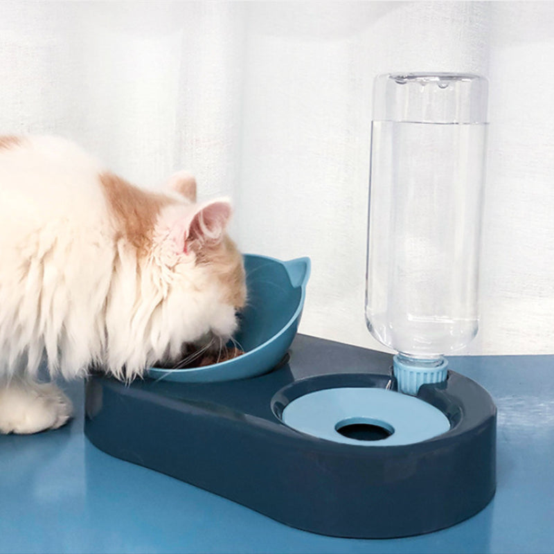 2-in-1 Cat Bowl Water Dispenser Automatic Water Storage Pet Cat Food Bowl Food Container with Waterer Pet Waterer Feeder