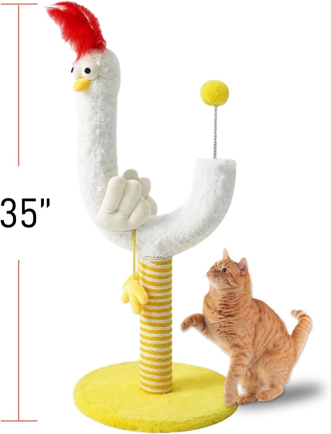 Resilient Sisal Vertical Cat Scratching Post Durable Crumb Free Chicken Strip Design Spring Ball At The End For Self-Entertainment And Climbing Fun, For Indoor Cats And Adult