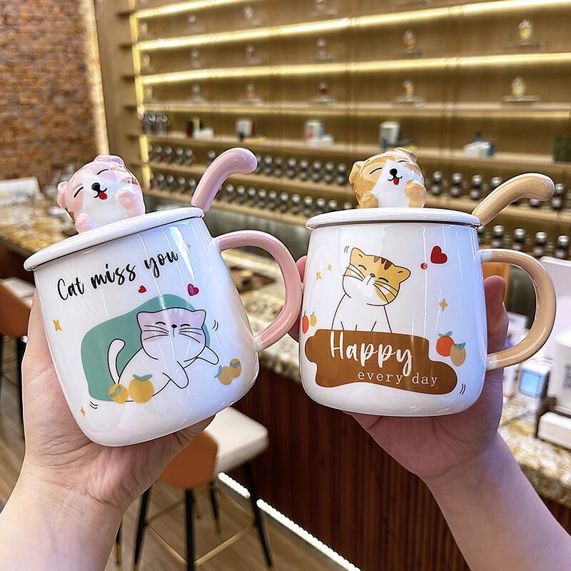 Cartoon Cat Mug With Lid Spoon Cute Ceramic