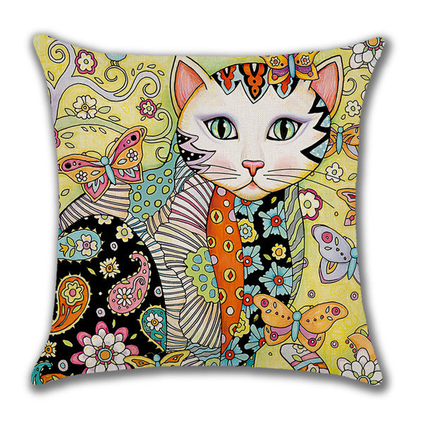 Linen Home Cartoon Cat Printed Animal Pillow Cover