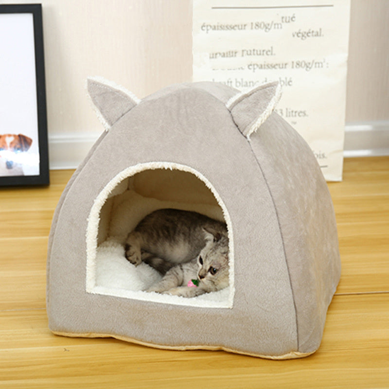 Pet Kennel House Winter Warm Rabbit Ears Cat Litter Pad Closed Yurt