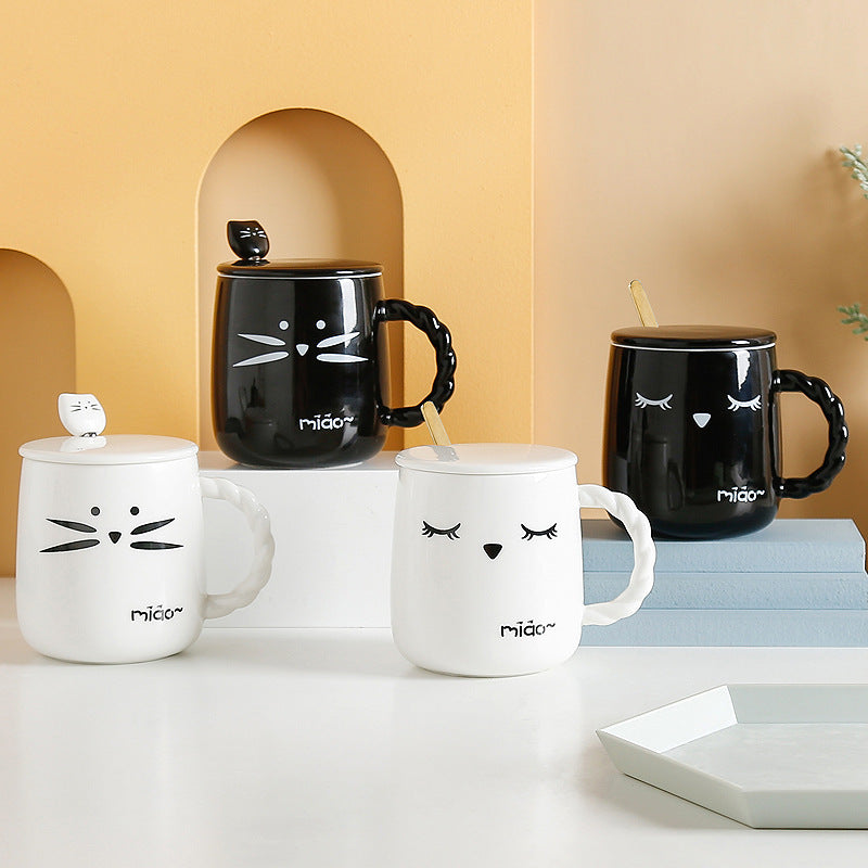 Cat Ceramic Water Cup With Lid Spoon Cartoon