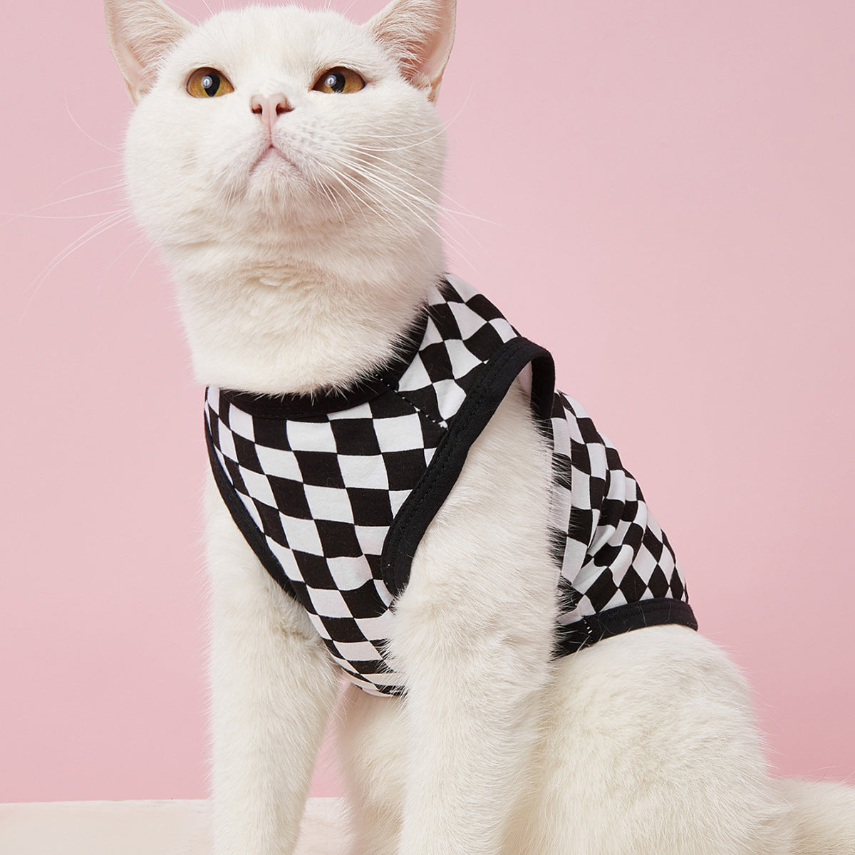 Pet Cat Clothes Summer Breathable Cotton Wool Mosaic Fashion Black And White Plaid Trend Vest T-Shirt