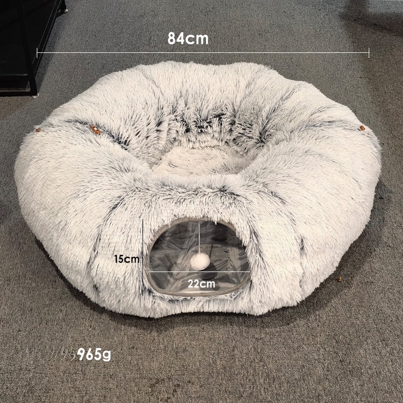 Cat Tunnel Bed For Indoor Cats Peekaboo Cat Cave With Washable Soft Play Mat Furry Cat Tube For Kitten Puppy Rabbit Grey