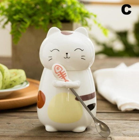 Large Kitty Cat Ceramic Mug With Spoon