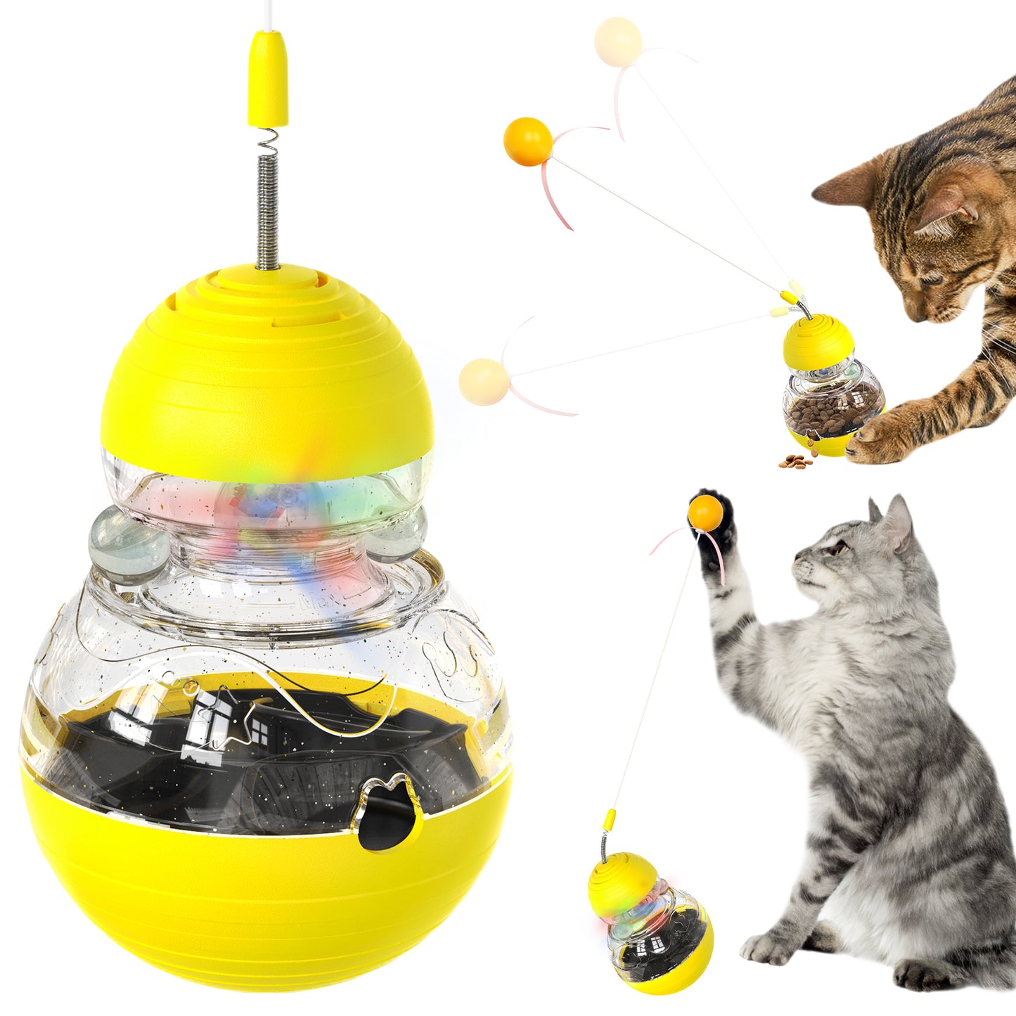 The tumbler spins a cat teaser stick and emits a glowing cat toy food dispenser