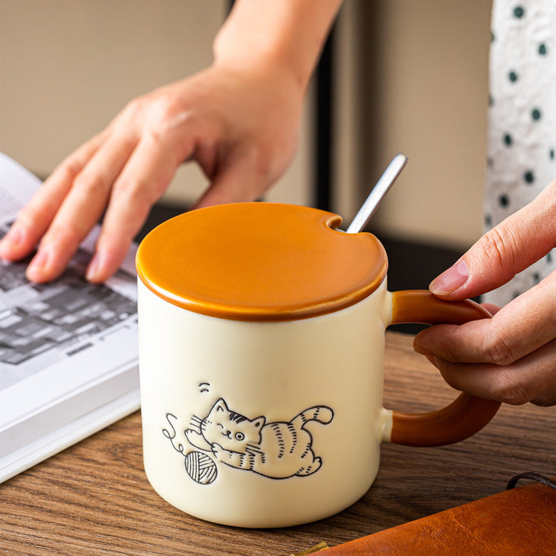 Hand Painted Cute Cat Printing Ceramic Cup Suit