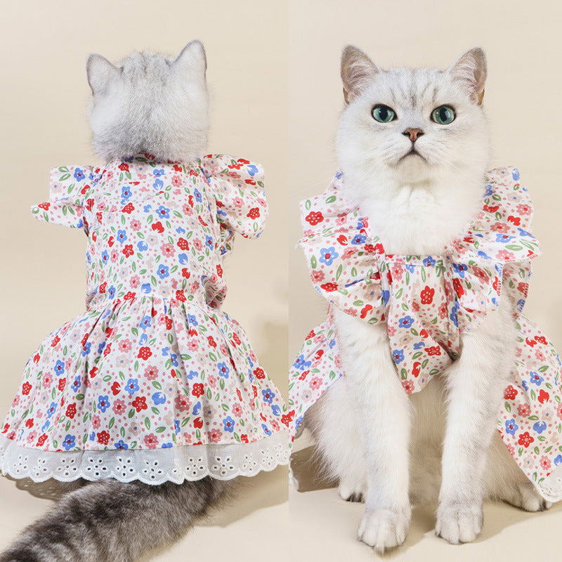 Spring And Summer Cat Clothes Cat Clothing Pet Cotton Floral Slip Dress Mesh Skirt Dress