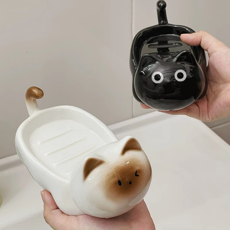 Cat Ceramic Soap Dish Water Storage Platform