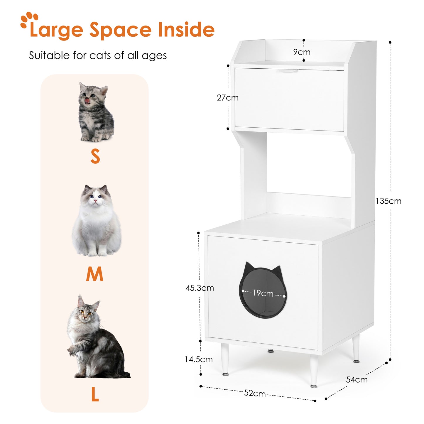 White wooden hidden cat trash can with rack and trash can shell, indoor cat house pet box, storage cabinet