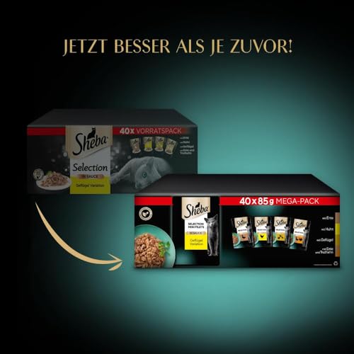 Sheba Katzennassfutter Selection in Sauce, 40 Portionsbeutel, 40x85g (1 Großpackung) – Katzenfutter nass, Geflügel Variation mit Ente, Huhn, Geflügel und Truthahn