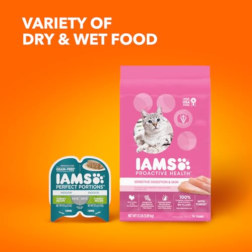 IAMS Proactive Health Adult Sensitive Digestion & Skin Dry Cat Food with Turkey, 13 lb. Bag